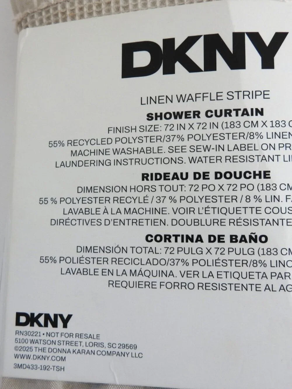 NWT DKNY Shower Curtain Linen Waffle Stripe 72